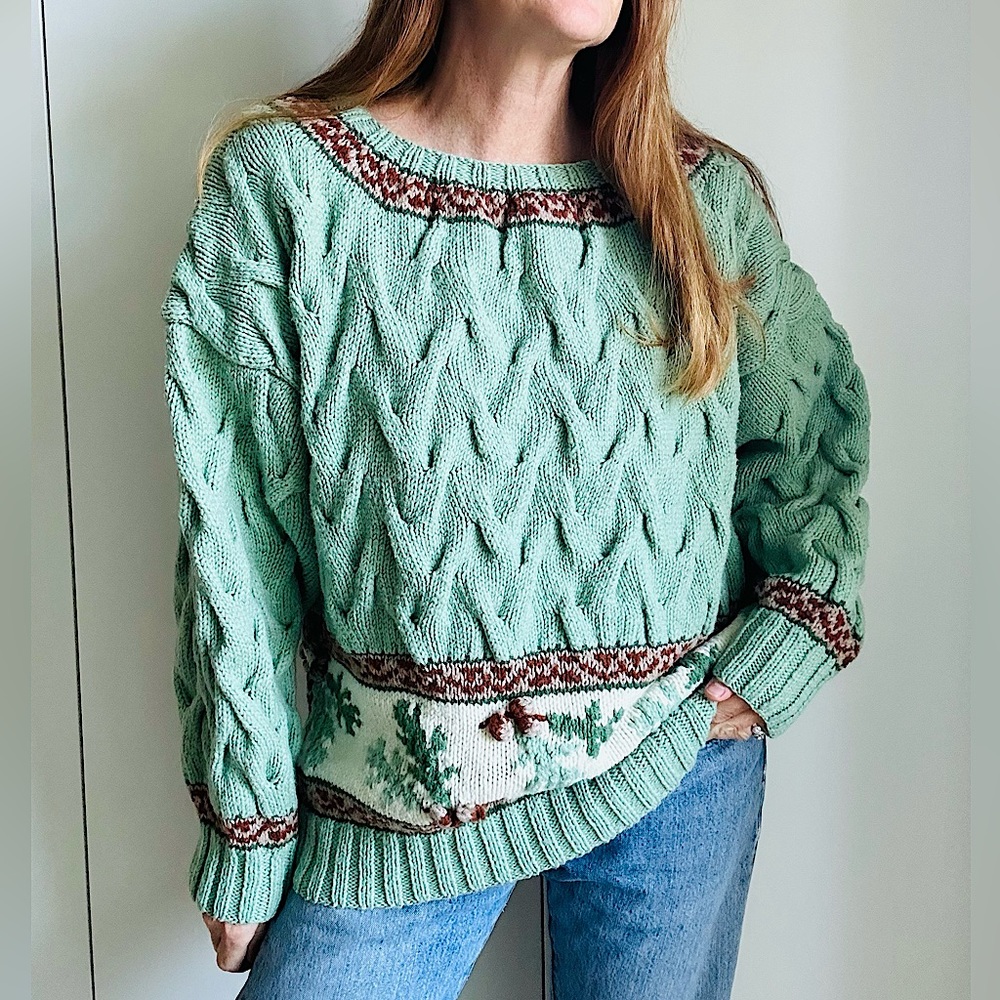 Vintage Handknit Sweater in Mint green Chunky Knit Wool Unisex Unique Style